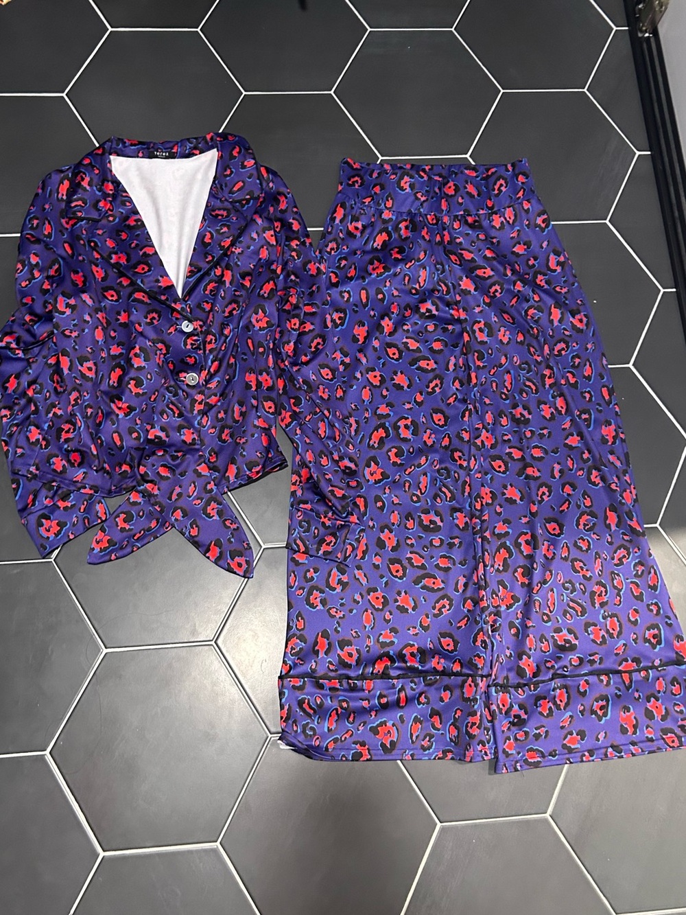 Terez Purple Red Leopard Print Top & Pants Set